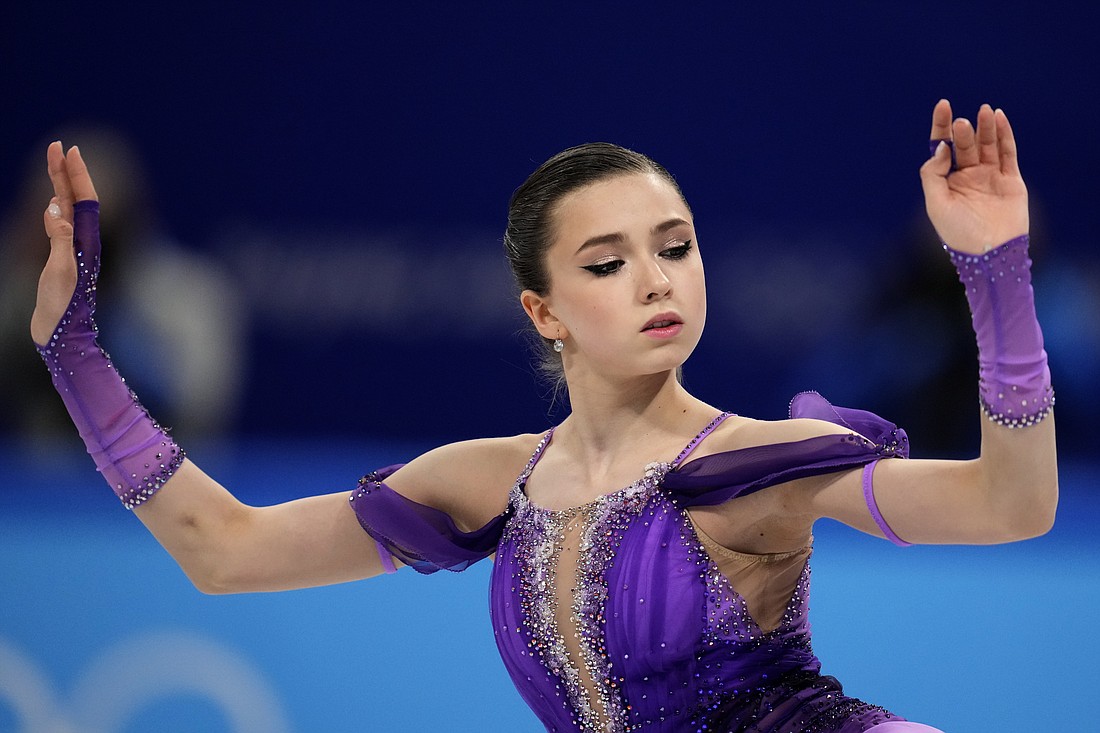 Kamila Valieva, of the Russian Olympic Committee, competes in the women's short program during figure skating at the 2022 Winter Olympics, Tuesday, Feb. 15, 2022, in Beijing.