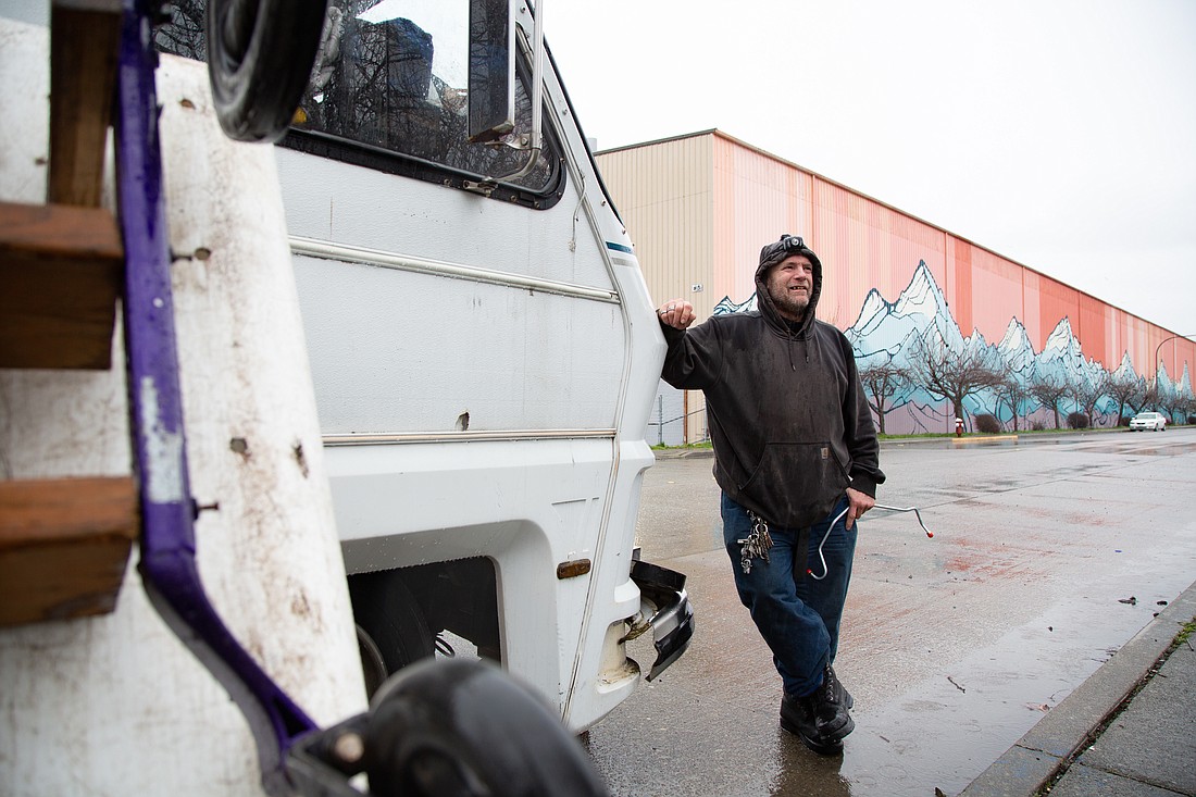 Ed Hunt stands outside his RV on Cornwall Avenue on March 16. Hunt has lived along the road for more than a year.