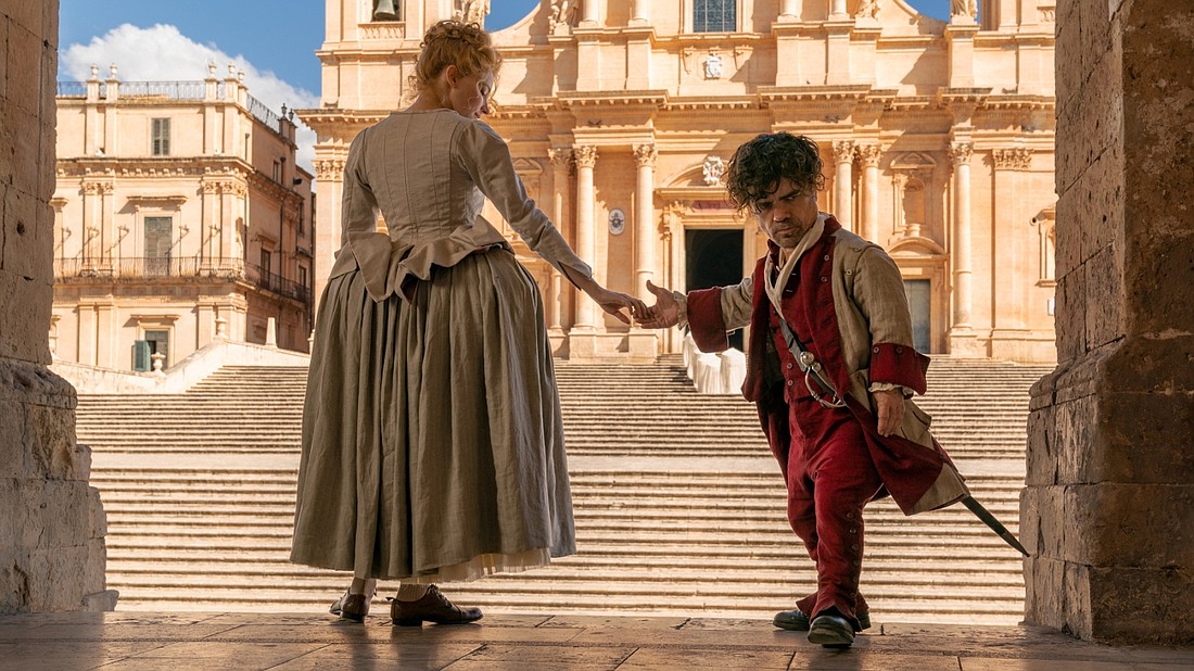 Haley Bennett stars as Roxanne and Peter Dinklage plays the titular role of Cyrano de Bergerac in the romantic musical "Cyrano," which was nominated for Best Costume Design for the 94th annual Academy Awards.