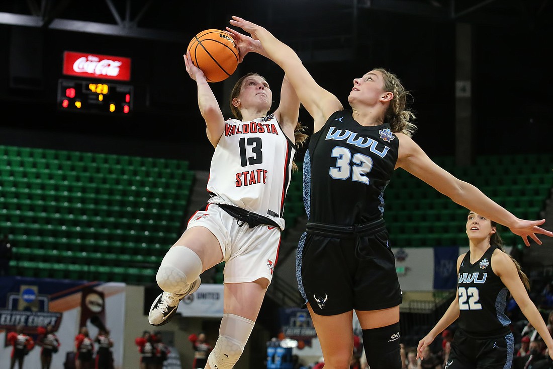 Western's Mollie Olson defends in the quarterfinals against Valdosta State. Olson scored 11 points in the Vikings' win.