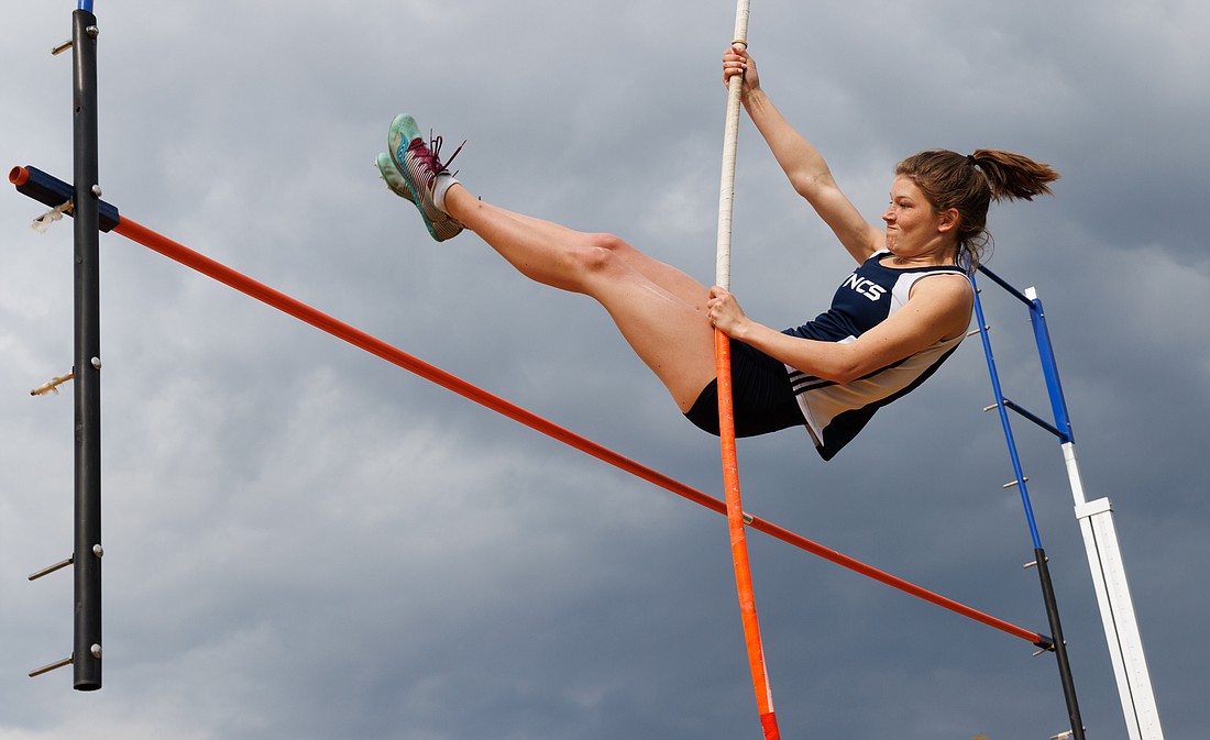 Lynden Christian's Ryleigh Schmitt clears 8 feet, 6 inches to win the girls pole vault. Bellingham, Lynden Christian and Lynden competed in a track meet on April 28 in Lynden.
