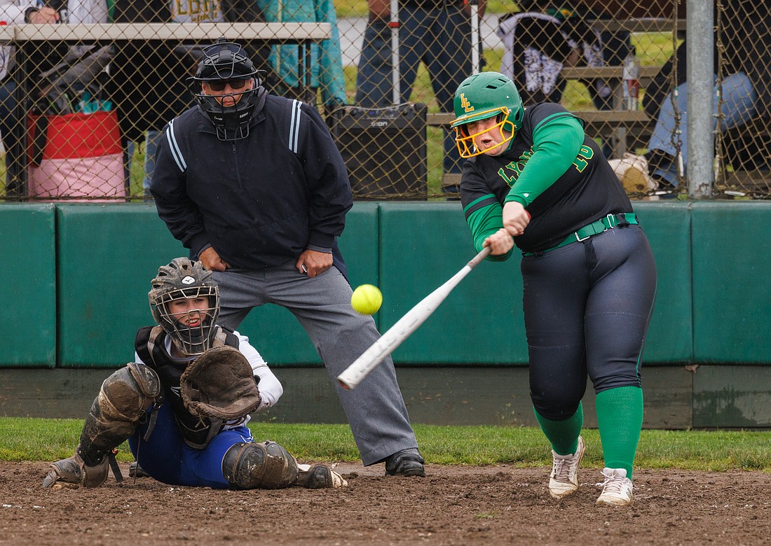 Lynden’s Alivia Miller drives in two runs as the Lions went on a hitting spree to beat Ferndale 15-5 on May 6.