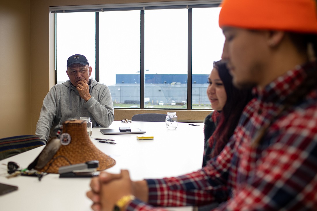 From left, Darrell Hillaire, Santana Rabang and Free Borsey talk from the office of Children of the Setting SunProductions on May 6. The team is currently working on the Salmon People project and will be featured in an exhibit at the American Museum of Natural History in New York.