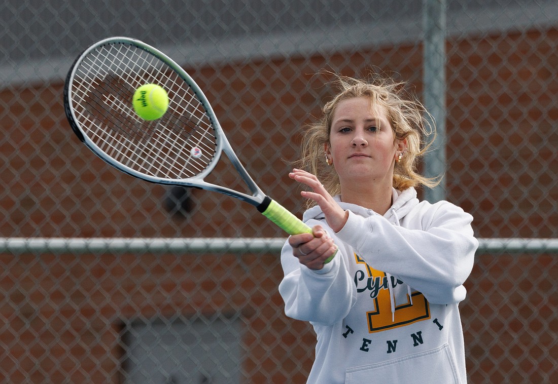 Lynden's Thea Willemsen hits a forehand shot during a rally against Lakewood at Lynden Middle School on May 11.
