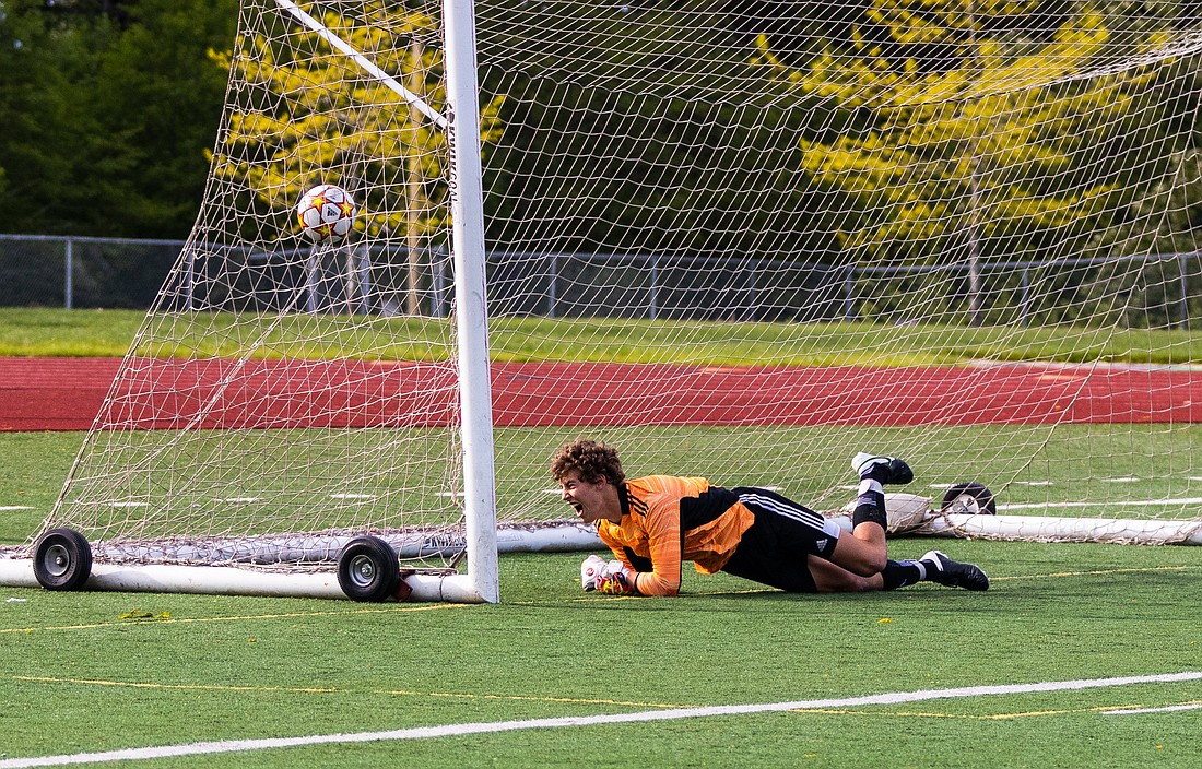 Sehome boys soccer goalie Kinoah Mitchell yells in frustration after Franklin Pierce scores a goal. Franklin Pierce beat Sehome, 3-2, knocking the Mariners out of the state tournament on May 18 at Civic Stadium.