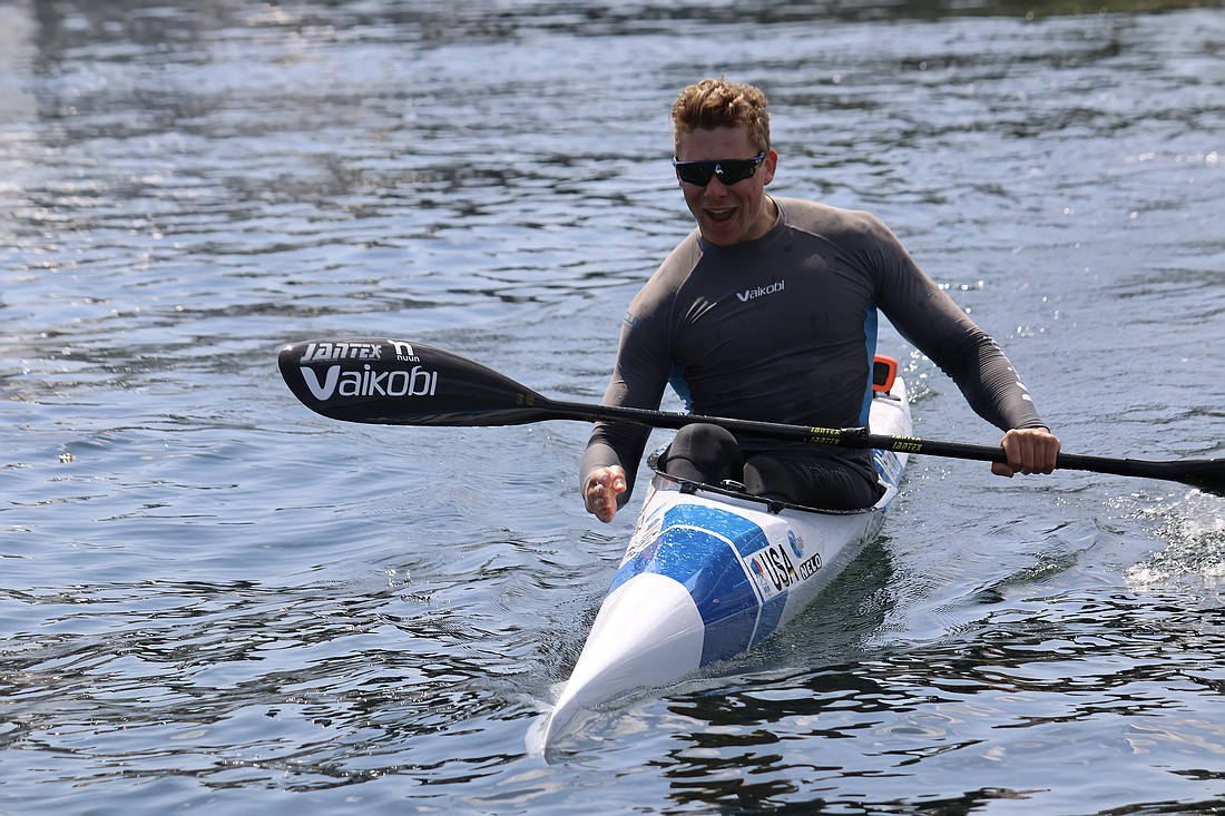 Jonas Ecker competes in Gig Harbor Paddlers Cup on April 24. Ecker won the men's kayak race.