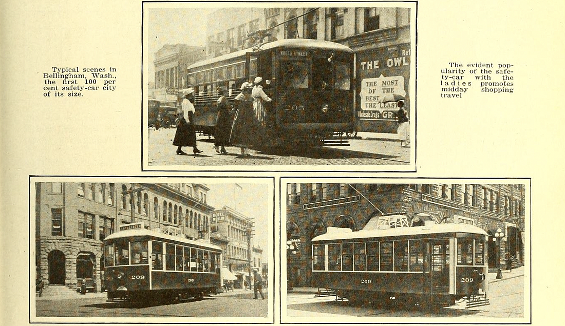 A series of images from the 1918 edition of the Electric Railway Journal show "typical scenes in Bellingham, Wash.," where riders use the trolley system to run errands and travel across town. One image shows "the evident popularity of the safety-car with the ladies promotes midday shopping travel."