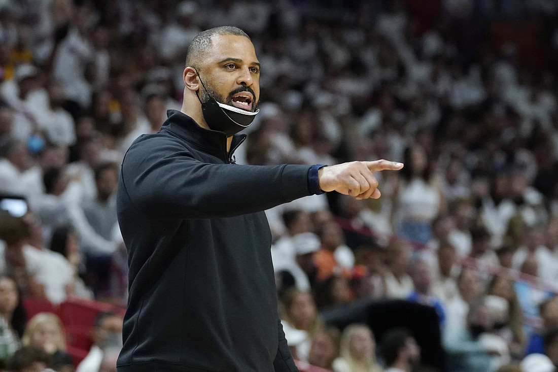 Boston Celtics head coach Ime Udoka gestures during the first half of Game 7 of the NBA basketball Eastern Conference finals playoff series against the Miami Heat, Sunday, May 29 in Miami.