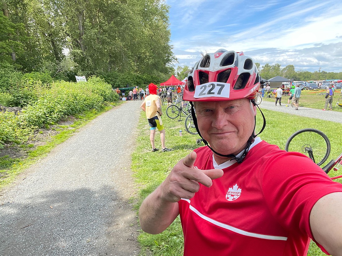 Rob Lawrance sent this selfie to his wife before embarking on the cyclocross leg of Sunday's Ski to Sea race. He died of a medical emergency while on the route. Lawrance has competed in multiple legs over the years, adding his "energy, humor and unique raucousness to the team," 2022 teammate Karen-Margrethe Bruun said.