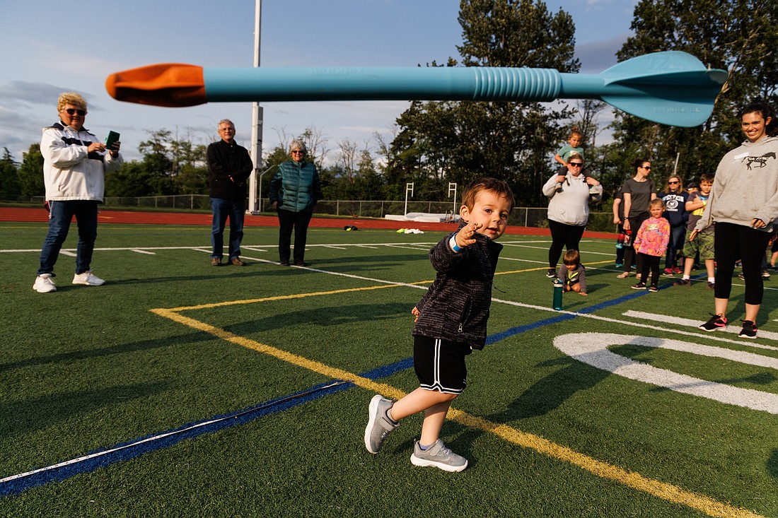 Ty Dunford, 2, throws the javelin at the All-Comer Track and Field meet on June 13. The all-ages meet happens every Monday through Aug. 29.