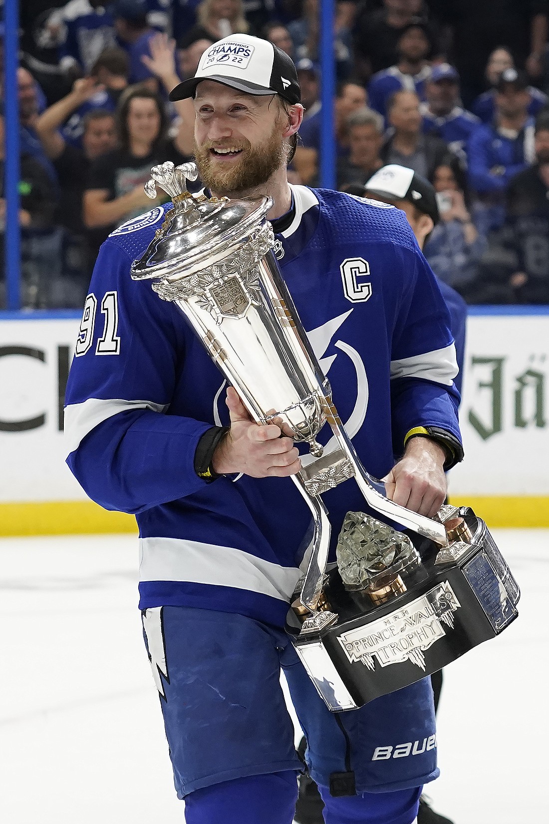 Tampa Bay Lightning center Steven Stamkos holds the Prince of Wales Trophy after defeating the New York Rangers during Game 6 of the NHL hockey Stanley Cup playoffs Eastern Conference finals June 11 in Tampa, Fla. The Lightning advanced to the Stanley Cup Finals.