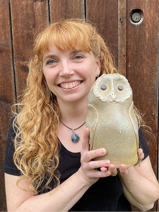 Good Earth Pottery owner Ann Marie Cooper holds an owl sculpture she created for the Whatcom Artists of Clay and Kiln (WACK) exhibit "You Do You," on display through June. Attend a reception for the artists from 5–8 p.m. Friday, June 24 during the Fourth Friday Art Walk in historic Fairhaven. Good Earth is donating 5% of show sales to UNICEF for aid in Ukraine.