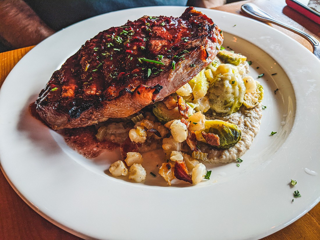 On a visit to The Fork at Skagit Bay, an entree of ribeye steak was accompanied by a sunchoke puree and roasted Brussels sprouts which made for an excellent flavor combination.