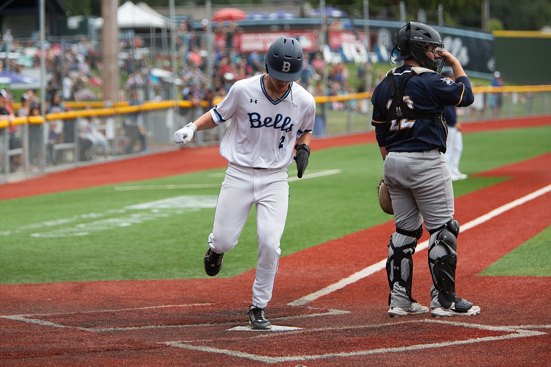 Bellingham Bells' Elijah Hainline crosses home plate during a home game against the Nanaimo NightOwls on July 17.