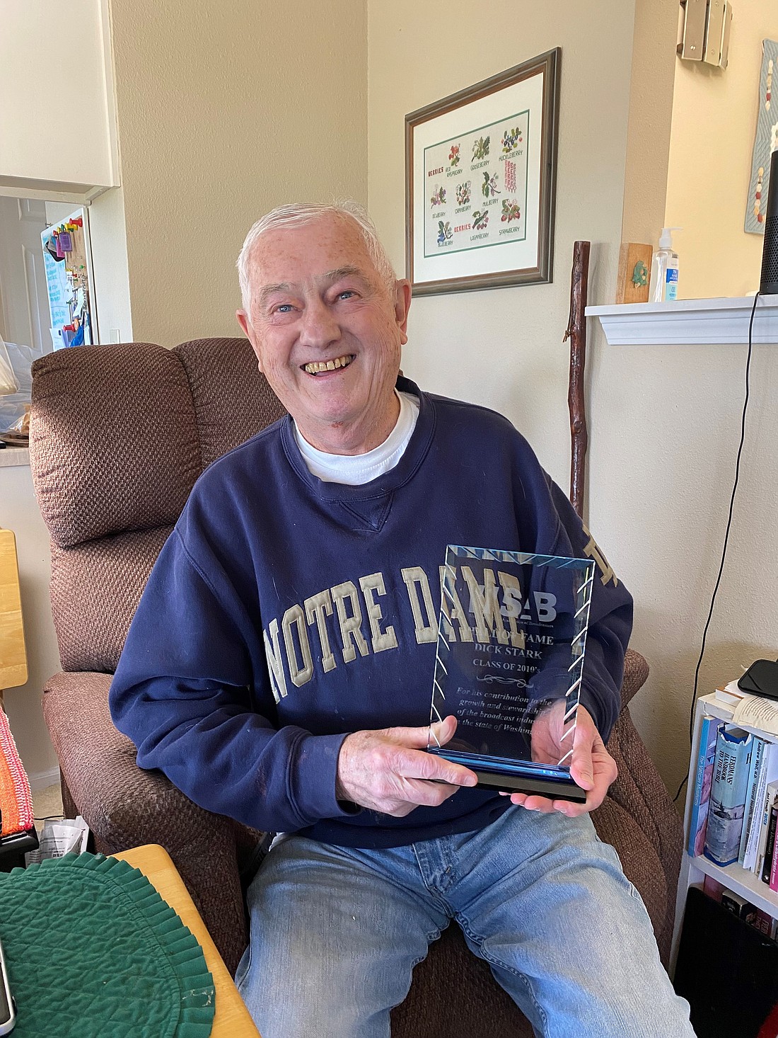 Dick Stark received his Washington State Association of Broadcasters Hall of Fame Award at his home in Bellingham on May 10. The longtime radio broadcaster and Whatcom County youth advocate passed away Tuesday, July 19 and will be celebrated Thursday, Aug. 4 at Cordata Presbyterian Church.