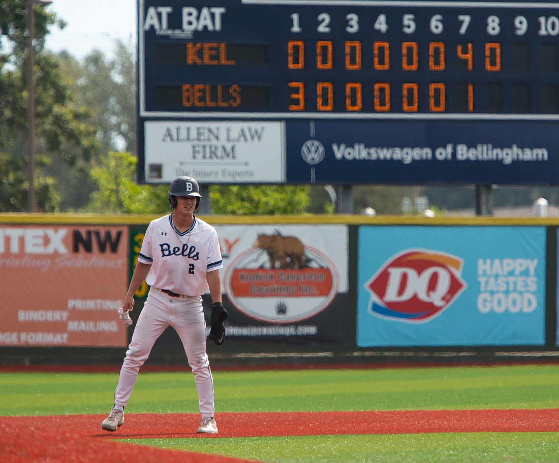 Bellingham Bells infielder Elijah Hainline take his lead at second base in a game against the Kelowna Falcons on July 24. Before his season ended early because of shoulder issues, Hainline led the Bells in nearly every offensive statistical category for the 2022 season.