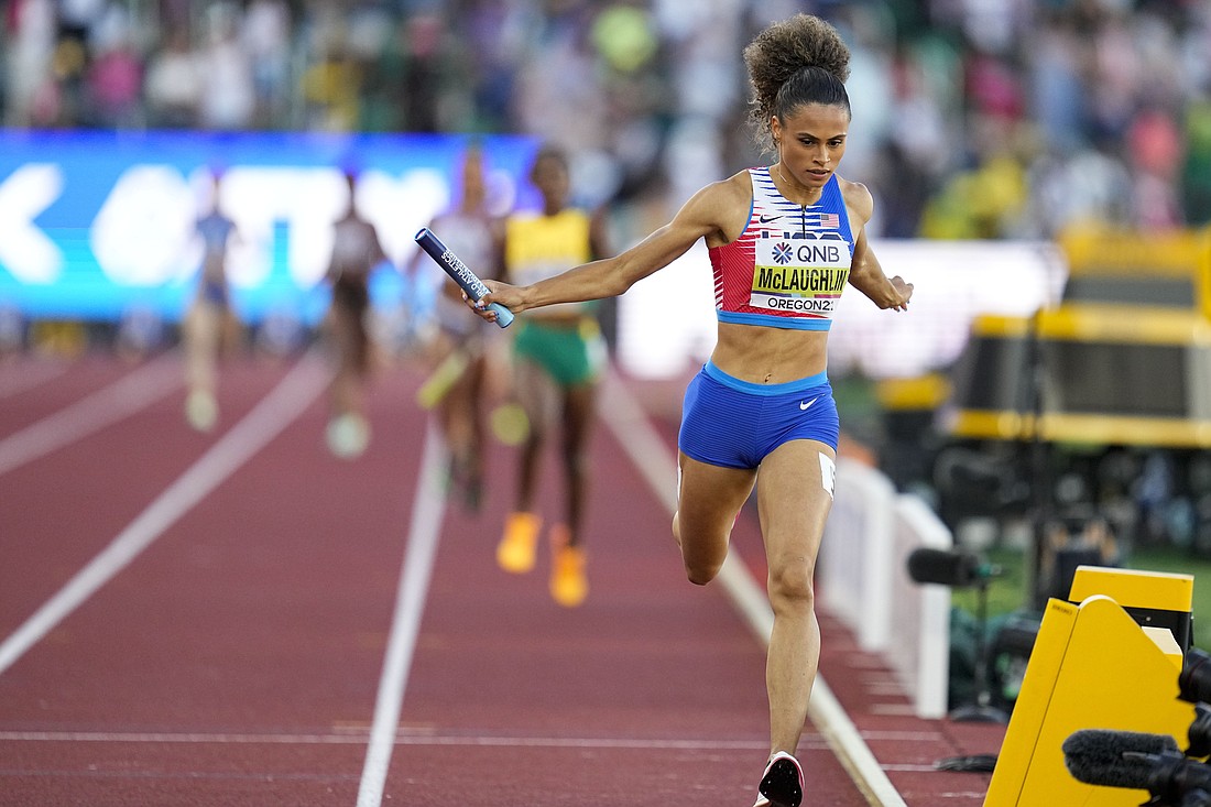 Sydney Mclaughlin, of the United States, wins the women's 4x400-meter relay final at the World Athletics Championships on July 24, in Eugene, Oregon.