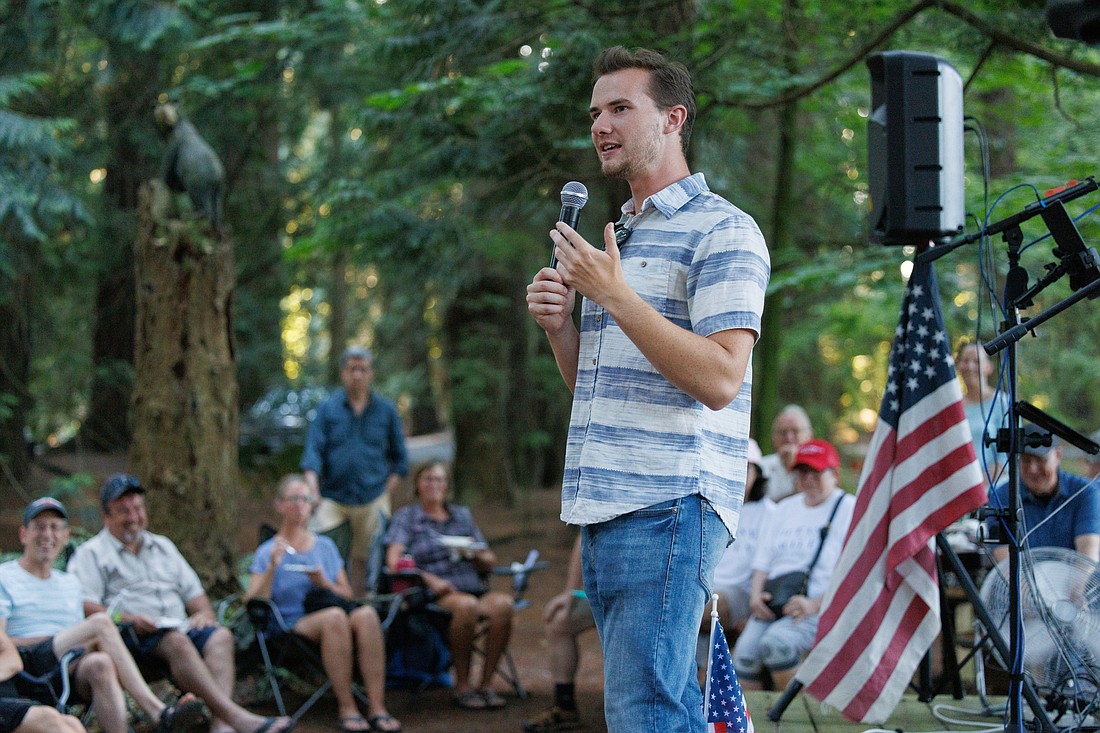 State Sen. Simon Sefzik speaks to supporters at a picnic for Republican candidates at Enfield Park in Ferndale on July 29. He urged his audience to vote in the Aug. 2 primary.