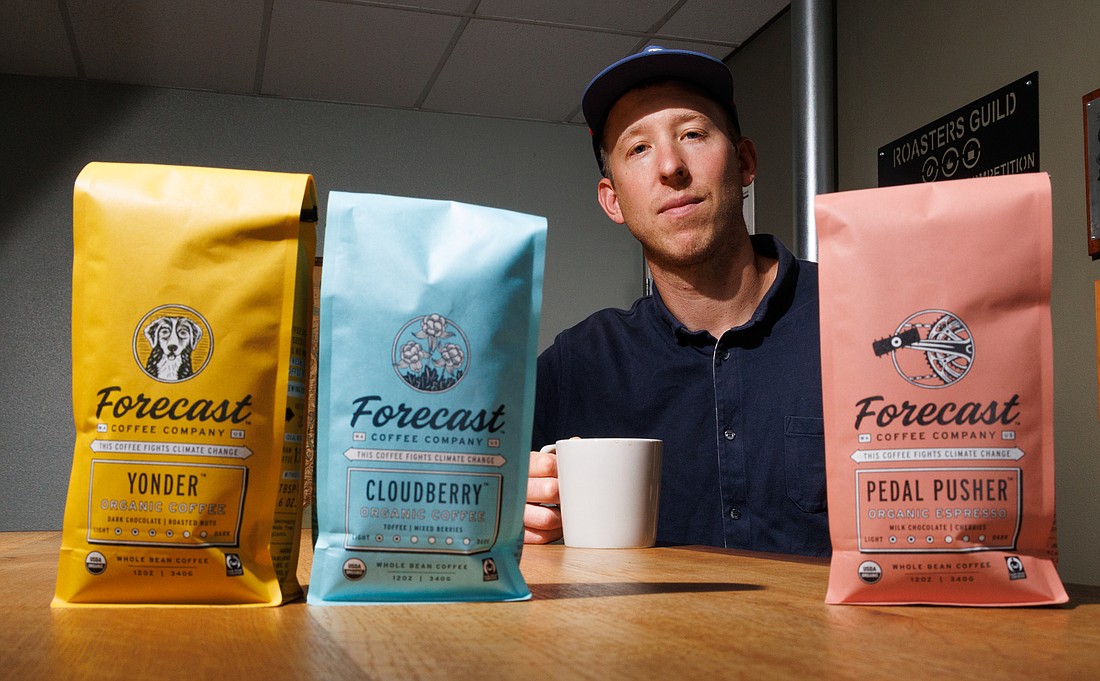 David Yake, director of sales and sustainability, with the new standalone coffee line Forecast at the Tony’s Coffee roastery in Bellingham on Aug. 30. Forecast launches in late September.
