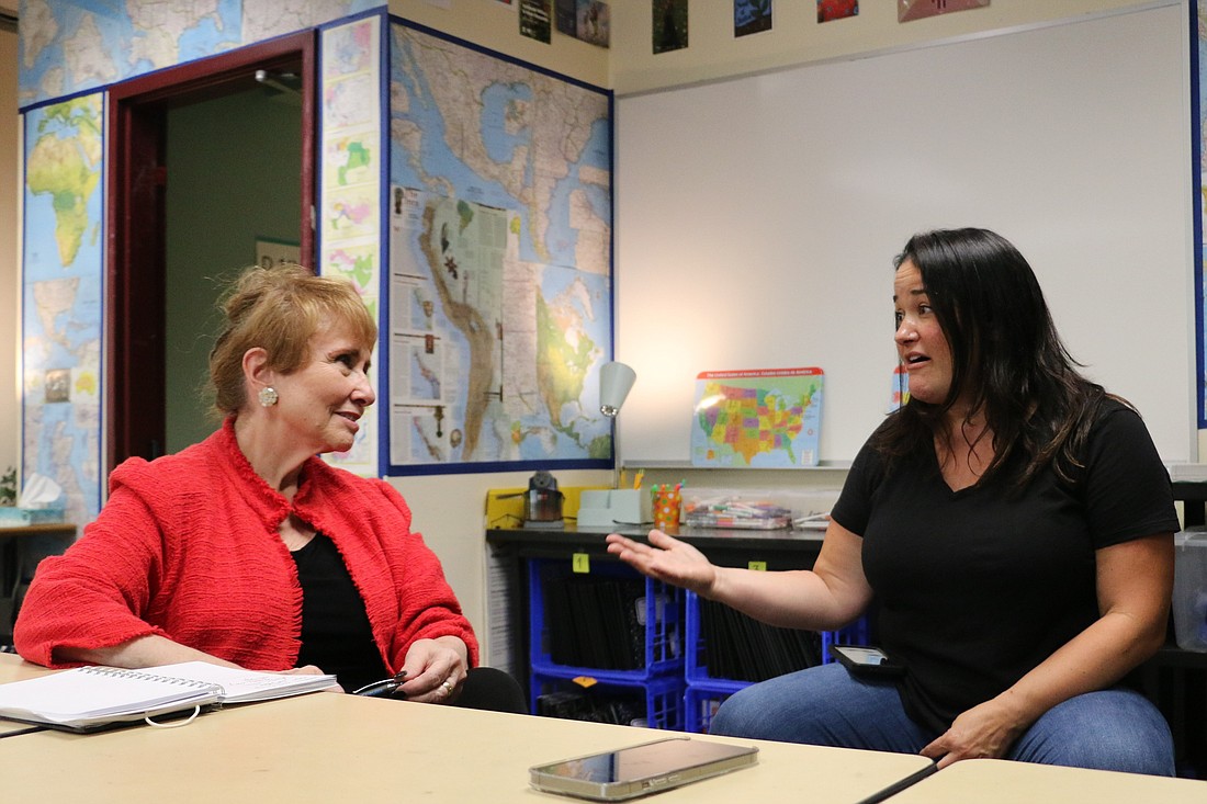 State Sen. Lisa Wellman, left, listens to LaVenture Middle School teacher Kayalyn Stewart during the Mercer Island Democrat's visit to the Mount Vernon school on Sept. 12. Wellman, who chairs the Senate Early Learning & K-12 Education Committee, is touring schools across the state in preparation for the upcoming legislative session.
