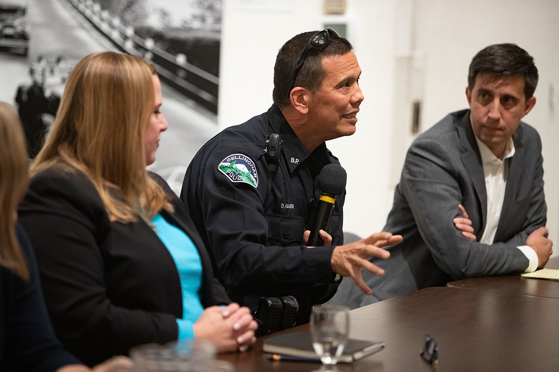 From left, Rep. Alicia Rule, Bellingham Deputy Police Chief Don Almer and Rep. Alex Ramel speak at a town hall Tuesday on public safety in Whatcom County.