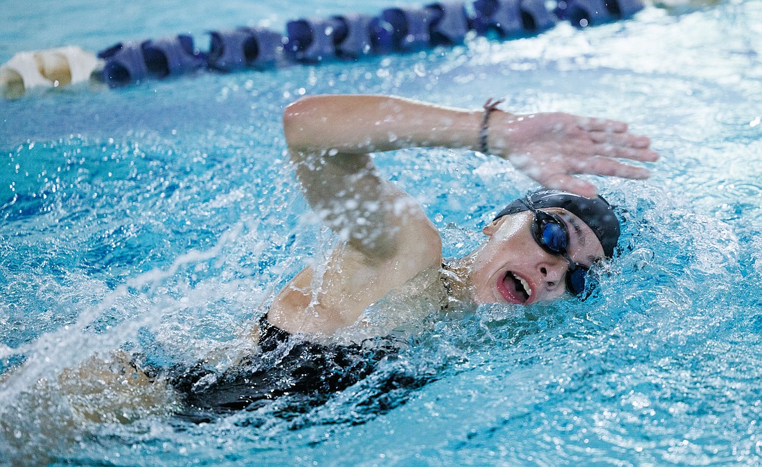 Blaine's Hailey Ferrell swims in the 200-yard freestyle as Ferndale, Squalicum, Blaine and Meridian competed in a swim meet at Forge Fitness pool on Sept. 22.