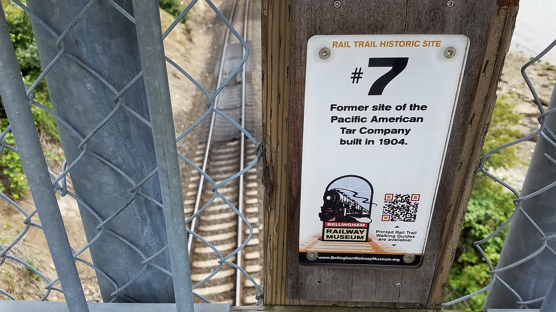 A Rail Trail Historic Site marker at Taylor Dock in Bellingham on July 16. The signs are informational remnants of the now-shuttered Bellingham Railway Museum that closed in 2020.