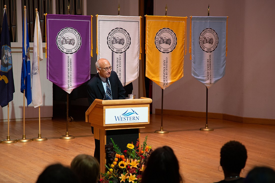 President Sabah Randhawa speaks to students, faculty and staff of Western Washington University on Sept. 28.