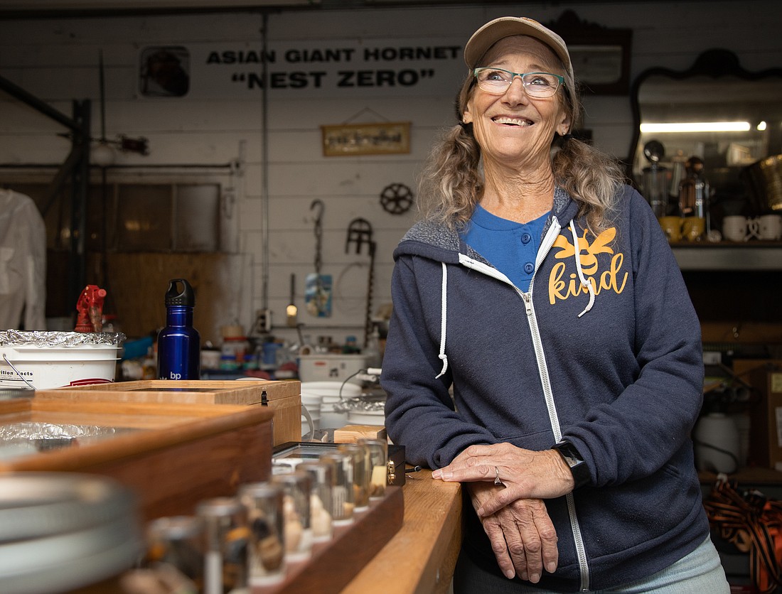 Ruthie Danielsen stands in her workshop at her home in Birch Bay on Oct. 17. Danielsen is the vice president of the Mt. Baker Beekeepers Association and is active in the effort to trap the Northern giant hornets.