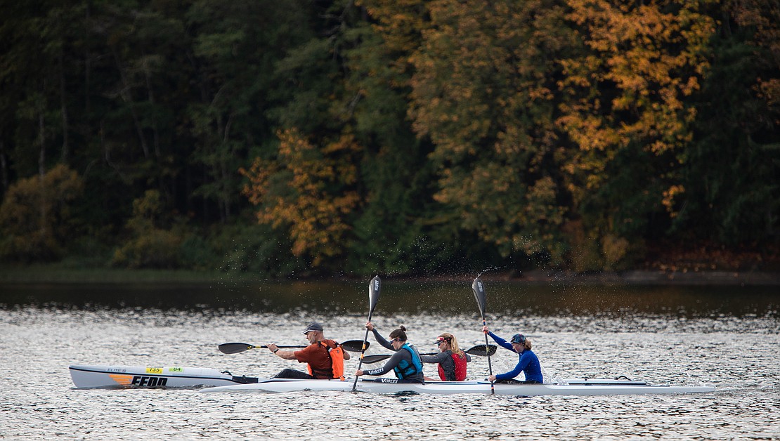 Kayakers race in the Paddle 4 Food relay around Lake Padden on Oct. 23. Dozens of kayakers came out to compete in a relay race and raise money for the Bellingham Food Bank.