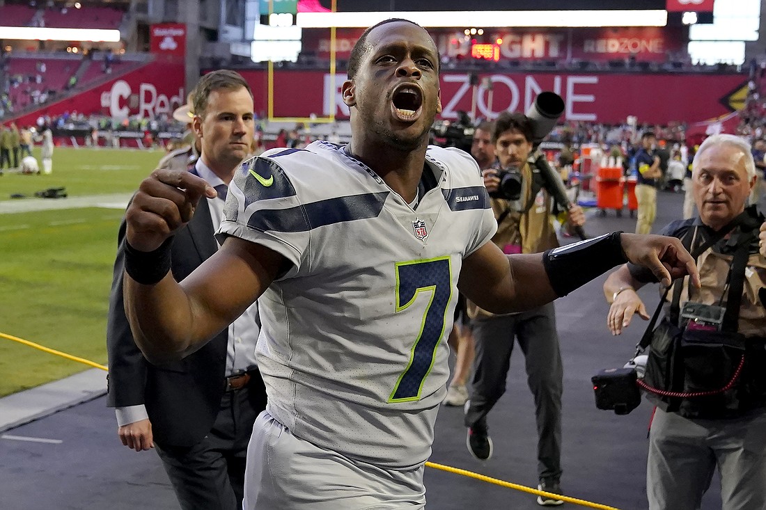 Seattle Seahawks quarterback Geno Smith (7) reacts toward fans after an NFL football game against the Arizona Cardinals in Glendale, Ariz. on Nov. 6.