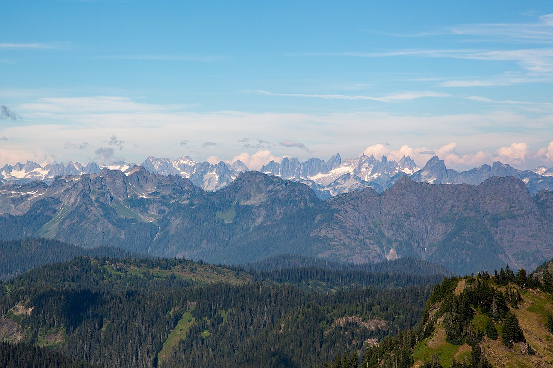 Jagged peaks of the North Cascades rise into the clouds. The National Park Service is evaluating once again how grizzly bears could be reintroduced to North Cascades National Park.
