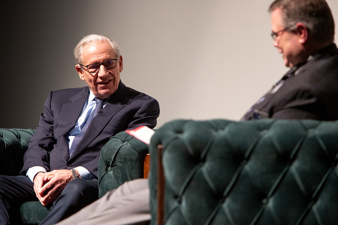 Bob Woodward, left, and Ron Judd speak onstage at the Mount Baker Theatre on Nov. 12.