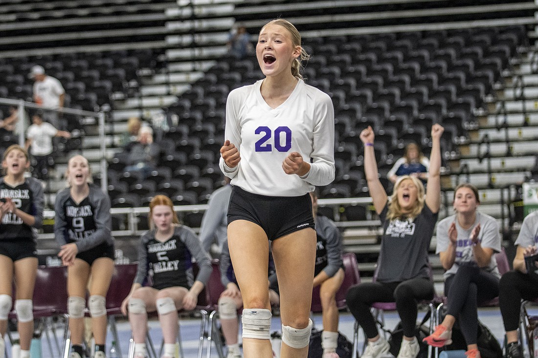 Nooksack Valley's Juliana Gimmaka (20) yells in celebration during the Pioneers' fifth/sixth-place match against Castle Rock in the 1A state tournament in Yakima on Nov. 12.