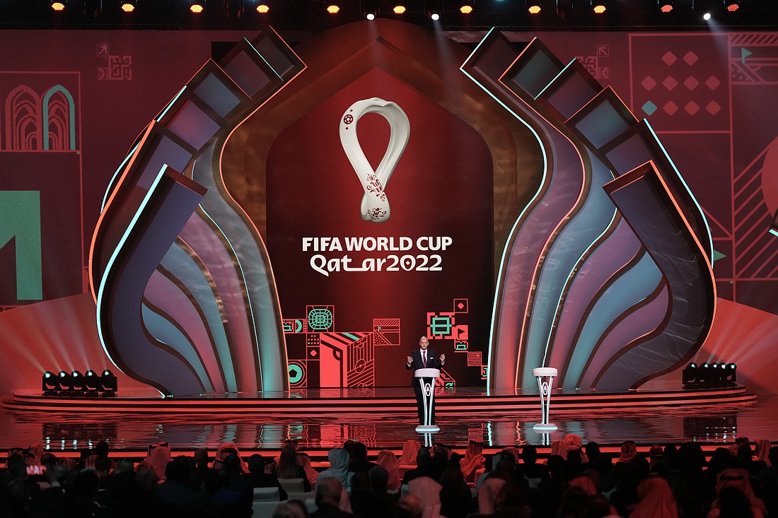 FIFA President Gianni Infantino speaks before the 2022 soccer World Cup draw at the Doha Exhibition and Convention Center in Doha, Qatar on April 1.