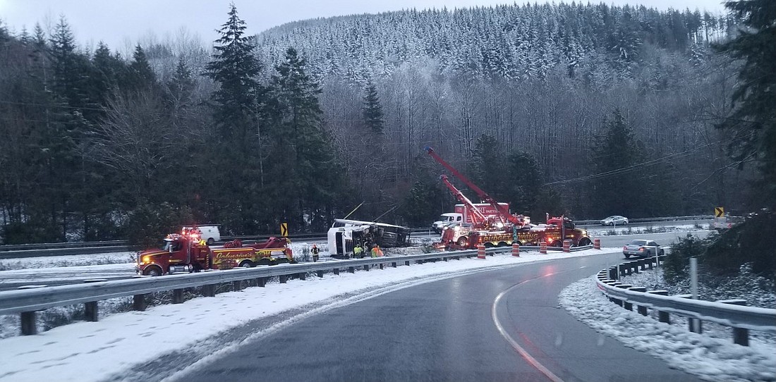All southbound lanes on Interstate 5 at North Lake Samish Drive were closed Wednesday morning following a semi-truck rollover collision.