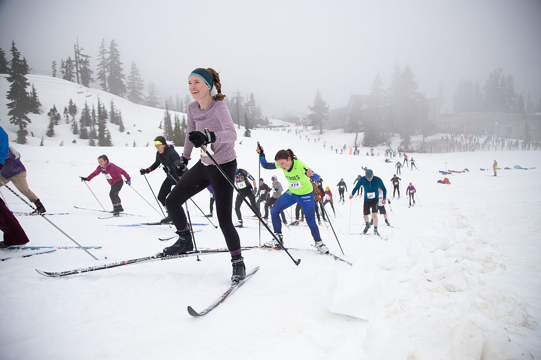 Elizabeth Watters from The Lost Canoe team climbs a hill in the cross-country ski leg of the Ski to Sea race on May 29, 2022.