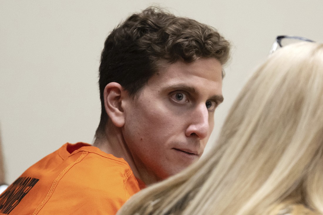 Bryan Kohberger, left, who is accused of killing four University of Idaho students in November 2022, looks toward his attorney, public defender Anne Taylor, right, during a hearing in Latah County District Court Jan. 5, in Moscow, Idaho.