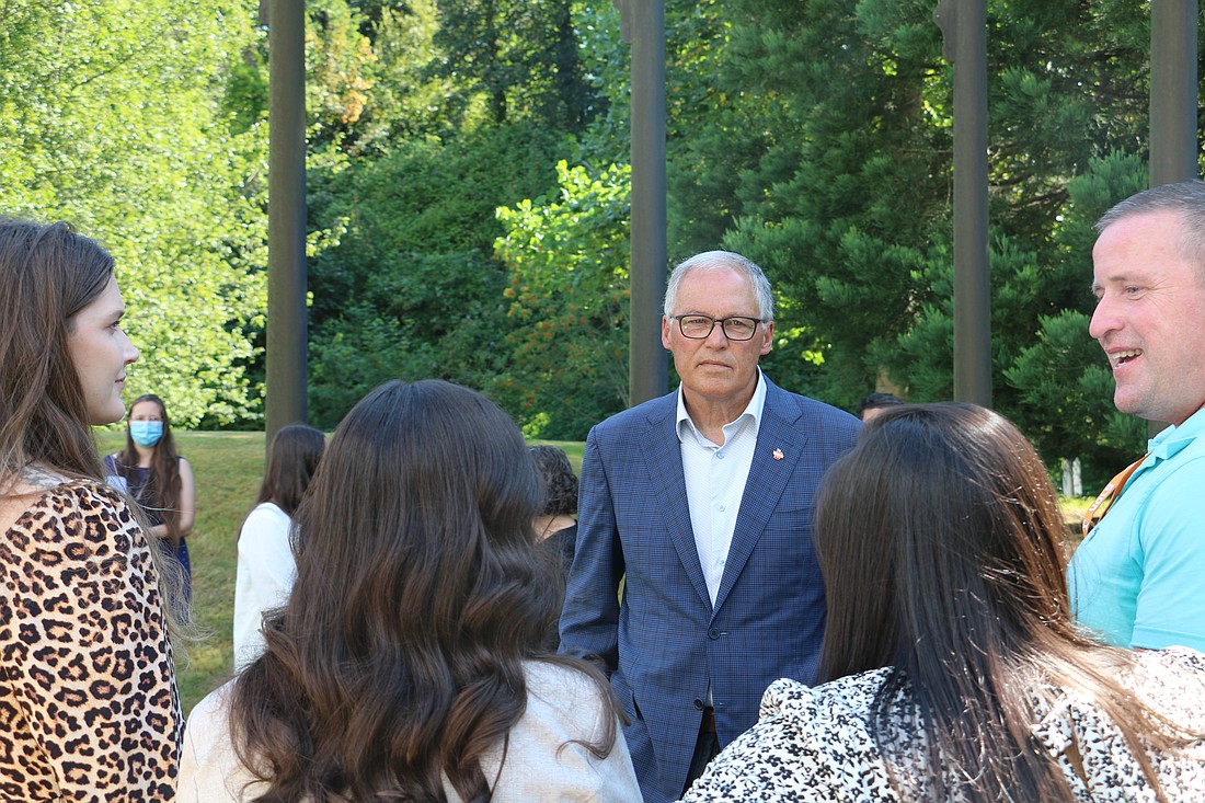 Gov. Jay Inslee speaks to a group of Volunteers of America employees at a 988 press conference on July 28, 2022, in Everett.