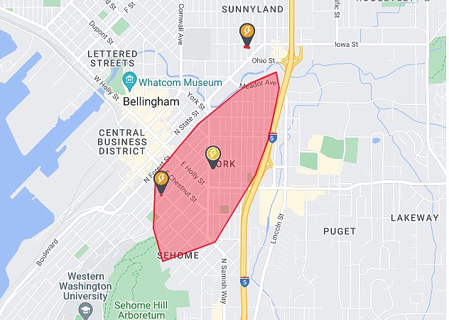 Red highlighting illustrates where the power was out in the York neighborhood on Monday evening.
