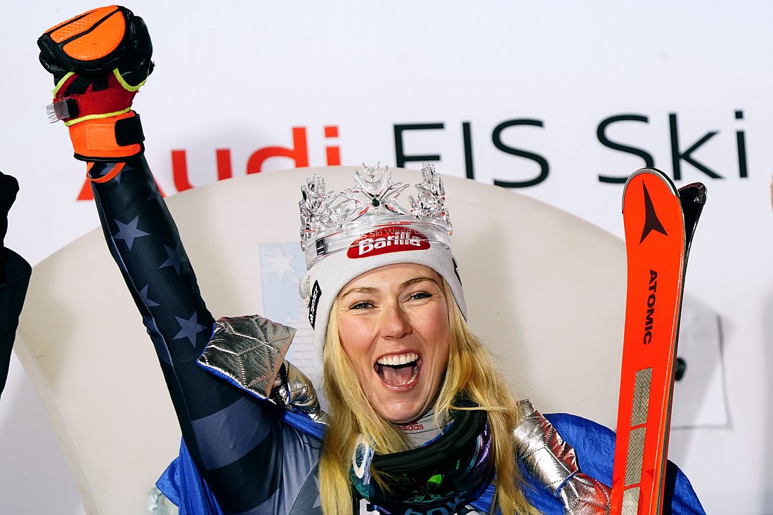 Mikaela Shiffrin of the United States celebrates after winning an alpine ski, women's World Cup slalom race, in Zagreb, Croatia, on Jan. 4. Shiffrin won her record-breaking 83rd World Cup race on Jan. 24.