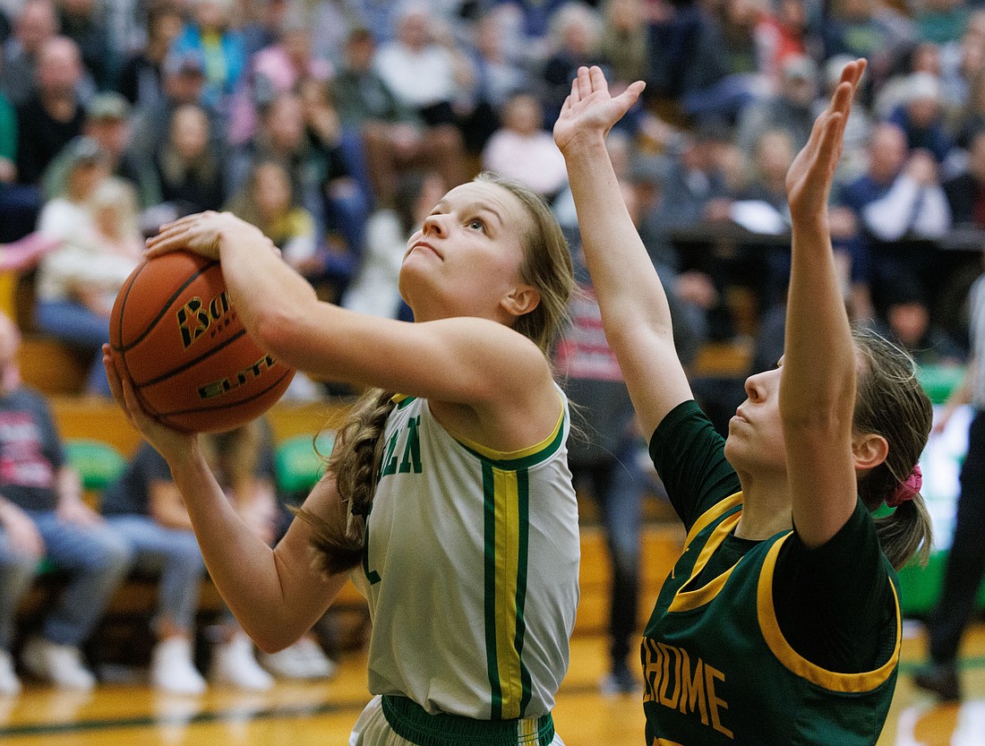 After stealing the ball, Lynden's Kalanie Newcomb makes the basket against Sehome Jan. 27 in the fourth quarter.