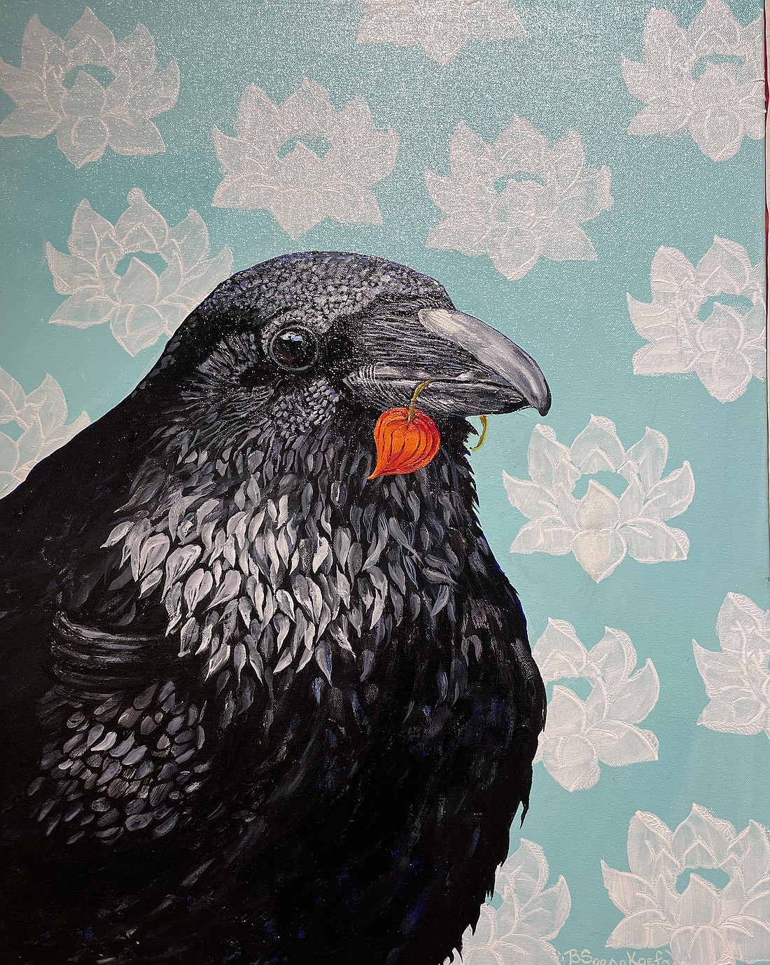 Barbara Seese’s oil painting on canvas, “He Delivered Love in a Cage,” idealizes a crow holding a red blossom in its mouth. The painting is part of the invitational bird exhibit “FL#CK,” showing through February at Smith & Vallee Gallery in Edison.