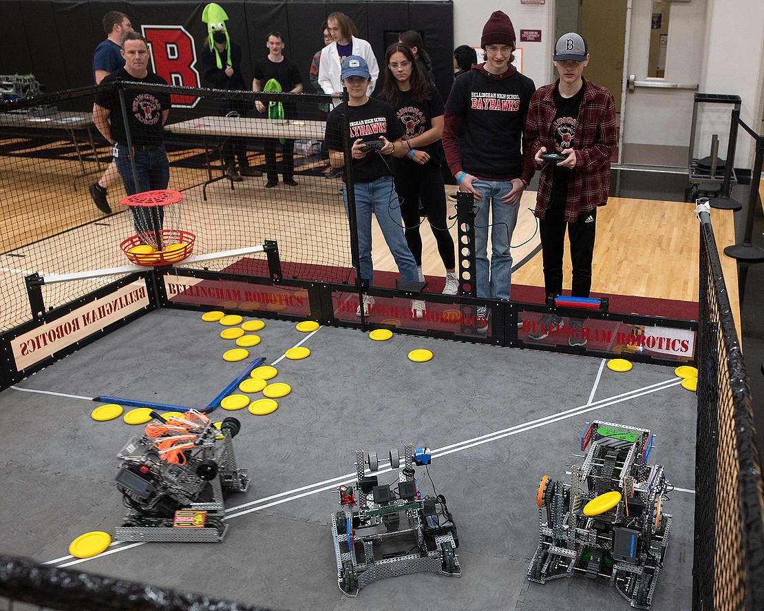 Bellingham students compete in an alliance during the elimination bracket of the VEX Robotics Competition on Feb. 11.
