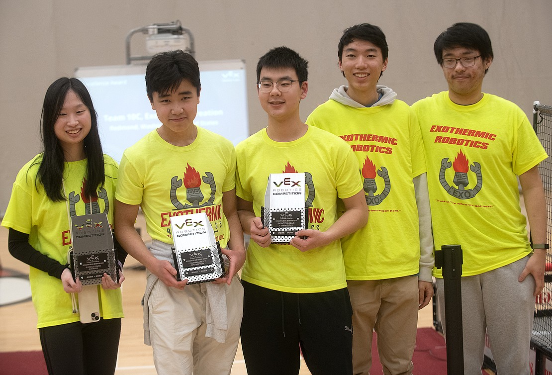 Exothermic Creation 10C members Ann Li, Tony Wu, Robert Ren, Ray Zhao and Jerry Wang won the VEX Robotics Competition Feb. 11 at Bellingham High School. The Redmond team broke the world record for the skills competition.