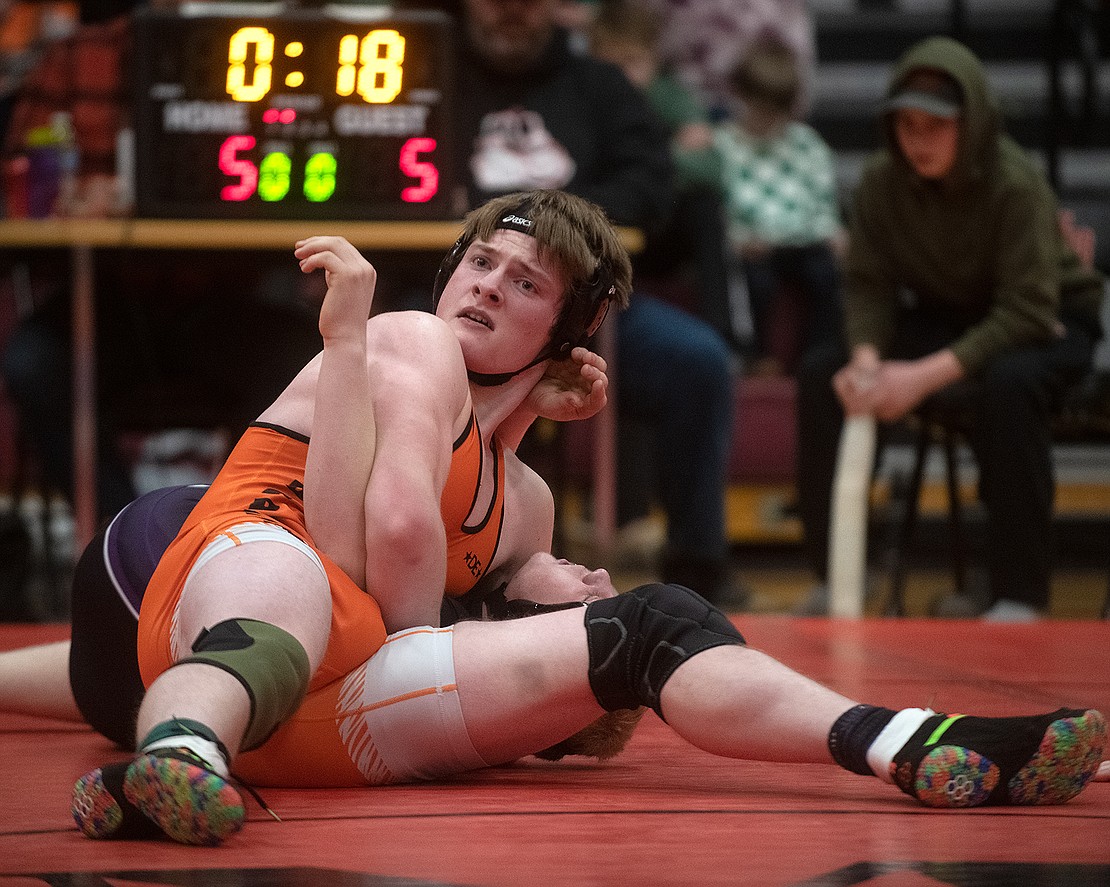 Blaine's Blake Goltz pins Wyatt Bacon of Nooksack Valley in the semi-final round of the 182-pound weight class.