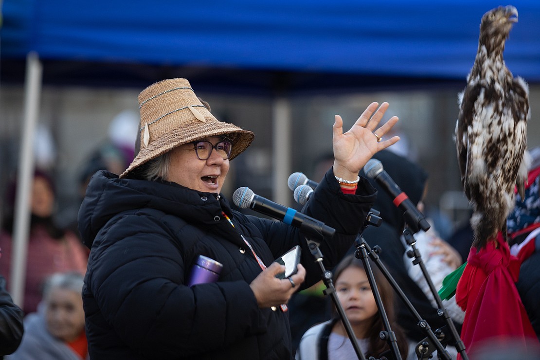 Roseanne Archibald, national chief of the Assembly of First Nations, addresses the crowd after the march.