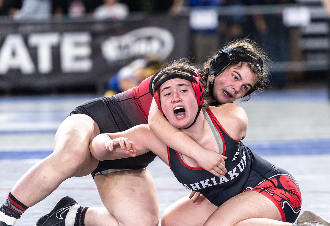 Mount Baker’s Sydney VanBrocklin, top, competes against Wahkiakum’s Lilian Hale.