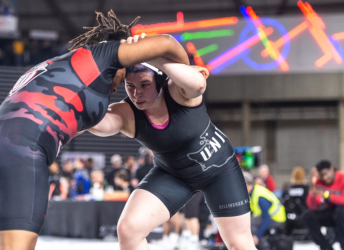 Bellingham United’s Isabella Phillips competes against Union’s Ahmiya Brox Feb. 17 at Mat Classic XXXIV at the Tacoma Dome. Phillips is in the girls 190-pound semifinals after earning a first-round bye before reeling off two-straight victories.