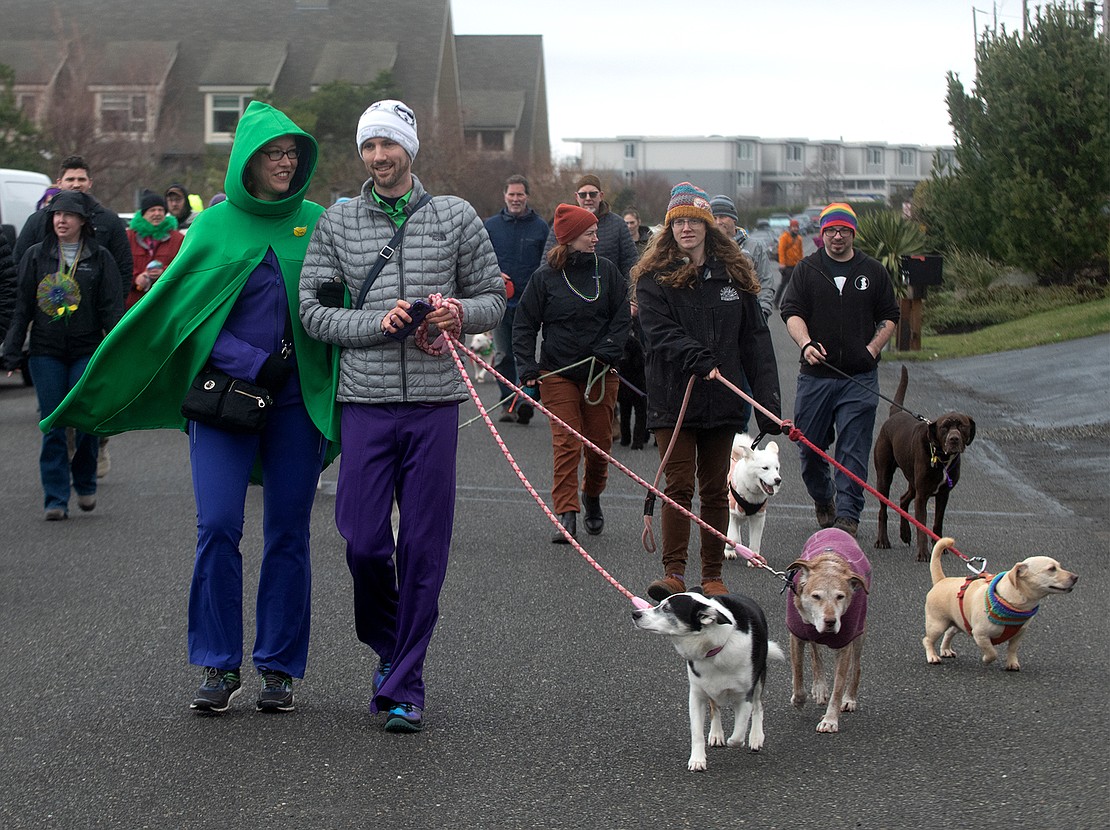 Lis Blees and TJ Gerber walk with their terrier-collie mix, Stella, and pitbull-labrador mix, Nira.
